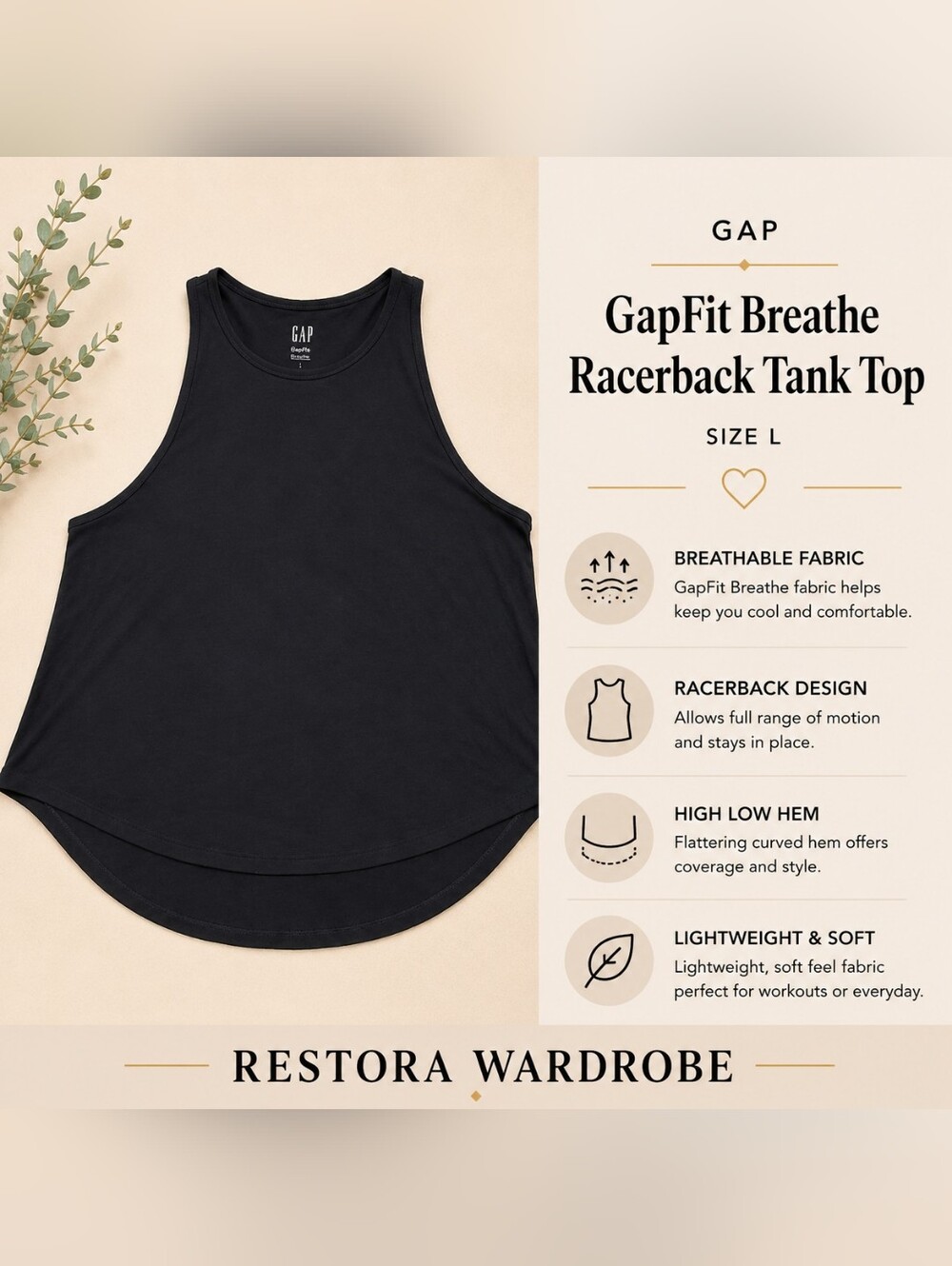 GapFit Breathe Black Racerback Tank Top Large High Low Hem Activewear